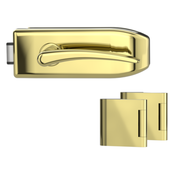 Silhouette product image in perfect product view shows the Griffwerk glass door lock set CREATIVO in the version unlockable, brass look, 3-part hinge set with the handle pair MARISA