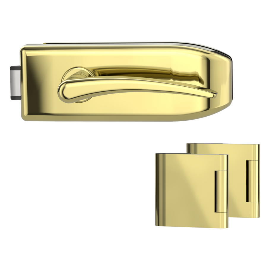 Silhouette product image in perfect product view shows the Griffwerk glass door lock set CREATIVO in the version unlockable, brass look, 3-part hinge set with the handle pair MARISA