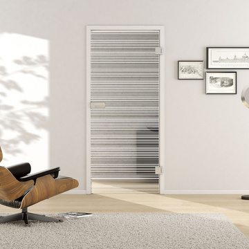 Wohnsituation mit zeigt die GRIFFWERK Glastür ACHAT HORIZONTAL_574 in der Ausführung DIN rechts - Drehtür Bohrung Studio/Office - Verbundsicherheitsglas PURE WHITE Digitaldruck (klar) 
