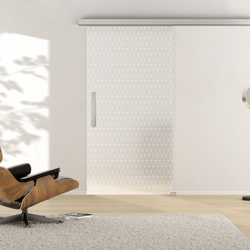 Ambientebild in Wohnraumsituation illustriert die Griffwerk Glasschiebetür GRIDS 691 in der Ausführung ESG PURE WHITE matt