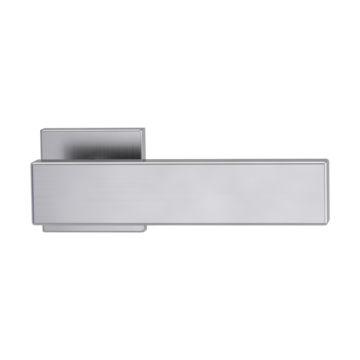 The image shows the Griffwerk door handle set CARLA SQUARE in the version with rose set square unlockable clip on brushed steel