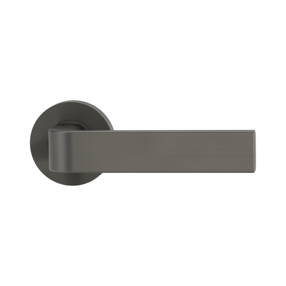The image shows the Griffwerk door handle set GRAPH in the version with rose set round unlockable screw on cashmere grey
