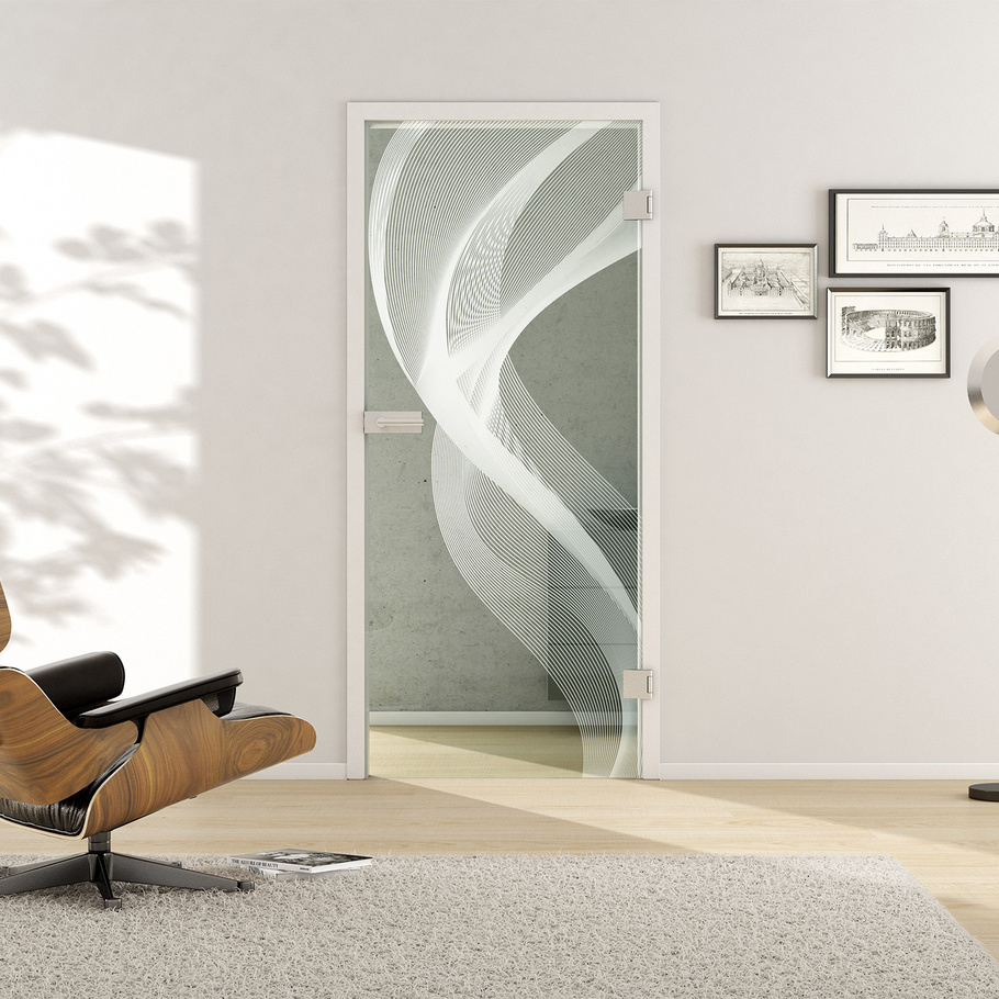 Ambientebild in Wohnraumsituation illustriert die Griffwerk Glasdrehtür 3D 636 in der Ausführung ESG BASIC GREEN klar