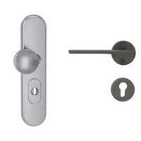 Silhouette product image in perfect product view shows the Griffwerk security combi set TITANO_882 in the version cylinder cover, round, brushed steel, clip on with the door handle LEAF LIGHT KGR