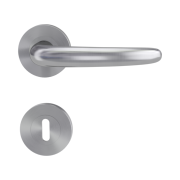 Isolated product image in perfect product view shows the GRIFFWERK rose set ULMER GRIFF PROF in the version mortice lock - brushed steel - screw on technique