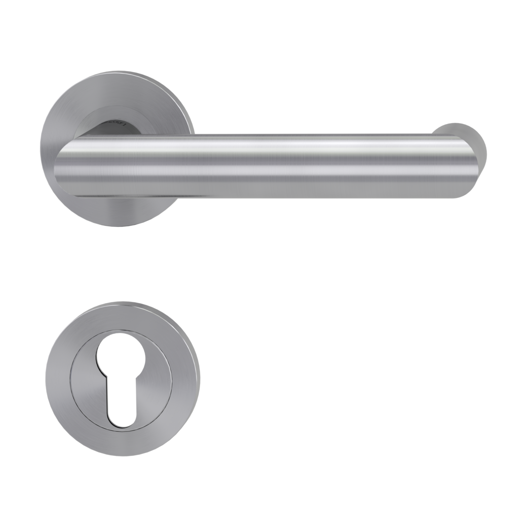 LUCIA PROF door handle set Screw-on system panic round escutcheons Satin stainless steel profile cylinder