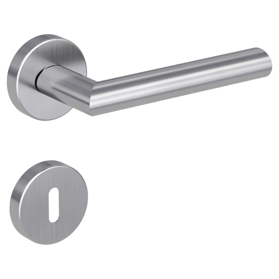 Isolated product image in the right-turned angle shows the GRIFFWERK rose set VIVIA in the version mortice lock - brushed steel - clip on technique