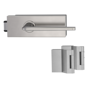 Freigestelltes Produktbild im idealen Blickwinkel fotografiert zeigt das Griffwerk Glastürbeschlagset PURISTO S in der Version unverschließbar, Edelstahl matt, 3-teiliger Bandsatz mit dem Griffpaar REMOTE SG