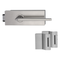 Silhouette product image in perfect product view shows the Griffwerk glass door lock set PURISTO S in the version unlockable, brushed steel, 2-part hinge set with the handle pair REMOTE SG