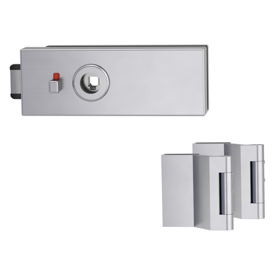 Silhouette product image in perfect product view shows the GRIFFWERK glass door fitting PURISTO S in the version WC lock - stainless steel matte - 3-part hinge studio/office  