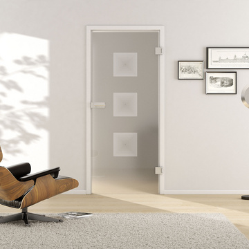 Wohnsituation mit zeigt die GRIFFWERK Glastür Deco_LD_657 in der Ausführung DIN rechts - Drehtür Bohrung Studio/Office - Einscheibensicherheitsglas PURE WHITE Laser / Siebdruck 
