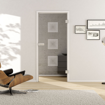 Wohnsituation mit zeigt die GRIFFWERK Glastür Deco_LD_657 in der Ausführung DIN rechts - Drehtür Bohrung Studio/Office - Einscheibensicherheitsglas PURE WHITE Laser einseitig 