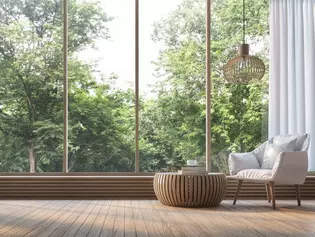 The picture shows a living room with trees in the background