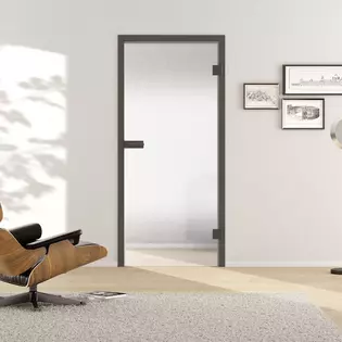 Accesorios GRIFFWERK Gris cachemira Puede ver una puerta de cristal empotrada de Griffwerk con marco gris, Caja de cerradura gris y Bisagras para puerta grises.