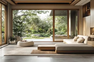 Salle de séjour avec jardin L'image montre un salon avec un jardin et de nombreux éléments en bois.