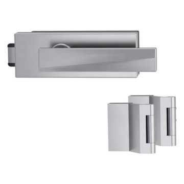 Silhouette product image in perfect product view shows the Griffwerk glass door lock set PURISTO S in the version unlockable, brushed steel, 2-part hinge set with the handle pair JETTE VISION