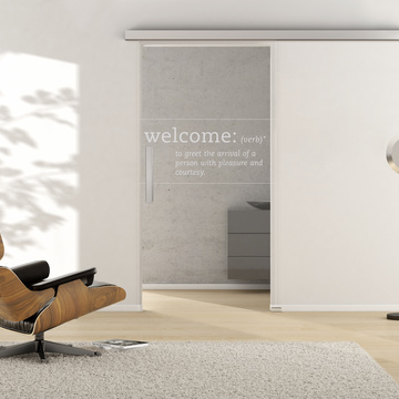 Ambient image in living situation illustrates the Griffwerk sliding glass door TYPO 667 in the version TSG PURE WHITE clear