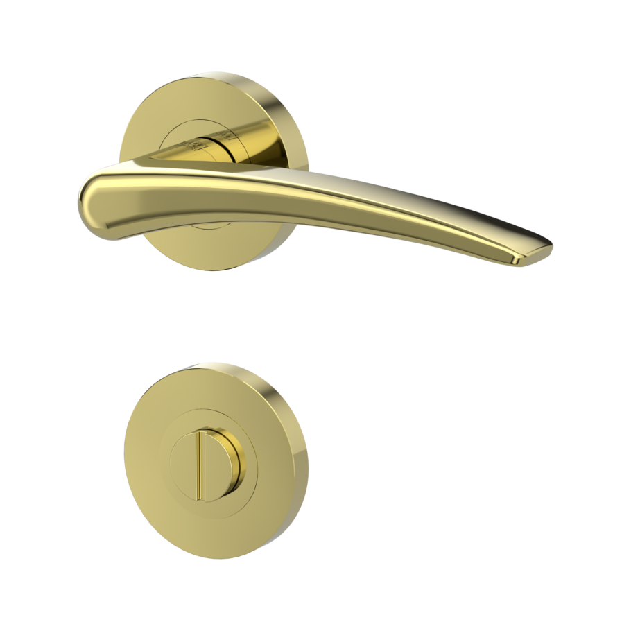 Isolated product image in the left-turned angle shows the GRIFFWERK rose set MARISA in the version turn and release - brass look - screw on technique outside view