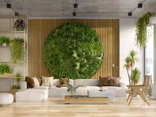 L'image montre un salon avec des murs végétalisés. 