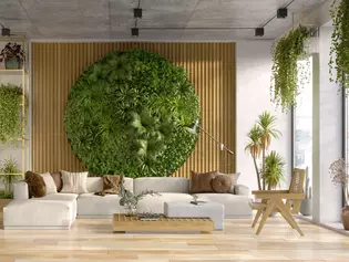 Grünes Zuhause Das Bild zeigt ein Wohnzimmer mit Wandbegrünung.