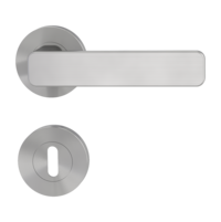 Isolated product image in perfect product view shows the GRIFFWERK rose set MINIMAL MODERN in the version mortice lock - velvet grey - screw on technique