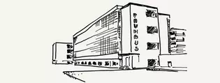 The illustration shows a sketch of the Bauhaus in Dessau.