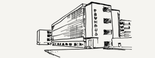 The illustration shows a sketch of the Bauhaus in Dessau.