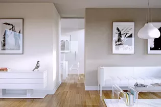 L'illustration montre une pièce à vivre avec une porte coulissante en verre.