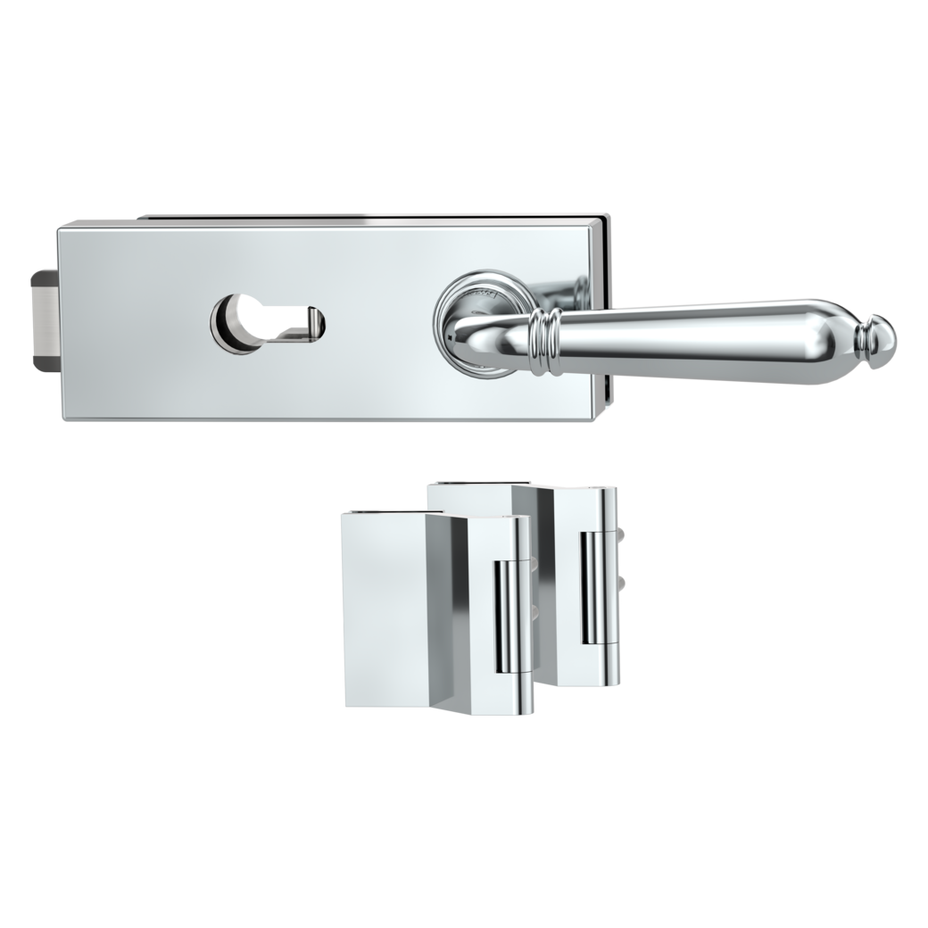 glass door lock set PURISTO S euro profile silent 3-part hinges CAROLA Chrome optic