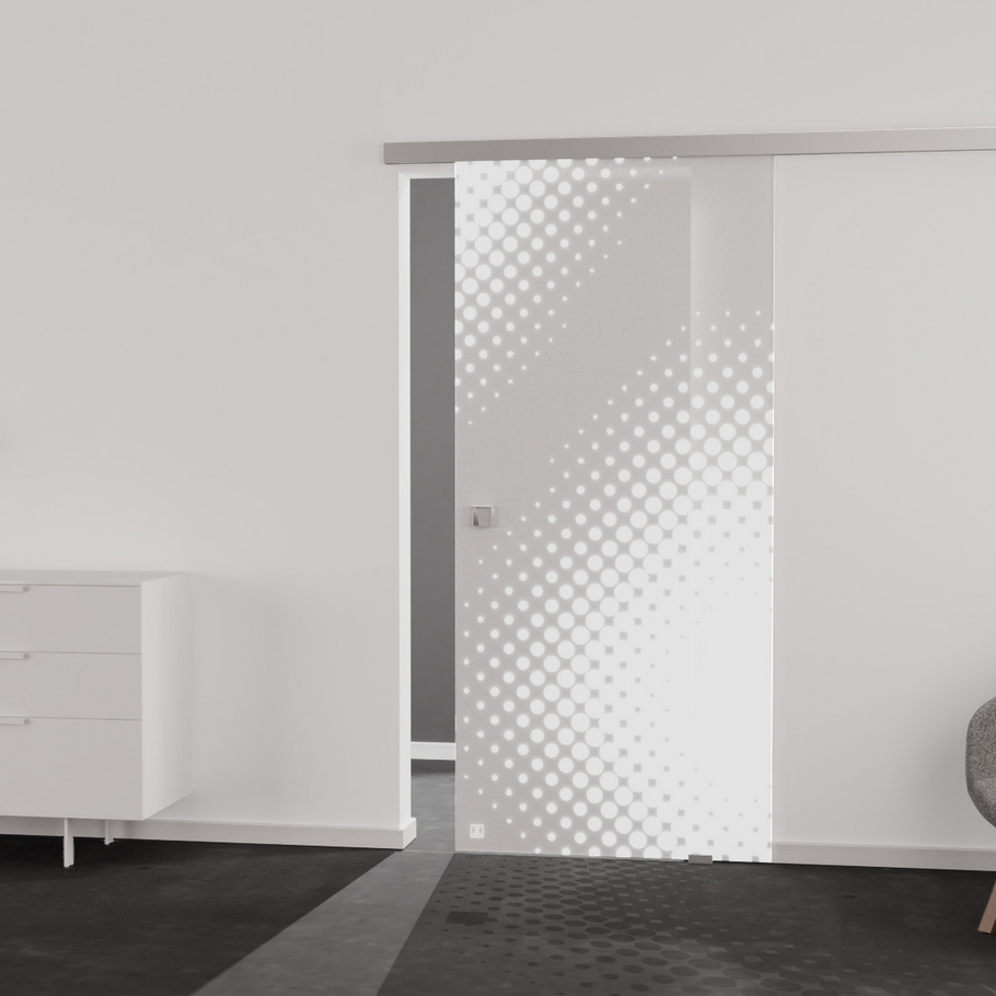 Living situation which shows the glass door with tempered safety glass (ESG) laserdecor JETTE DOTS 573 in the vision frosted PURE WHITE drilling Studio/Office sliding door