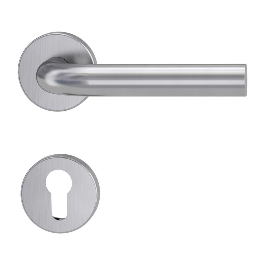 The image shows the Griffwerk door handle set DANIELA in the version with rose set round euro profile clip on brushed steel