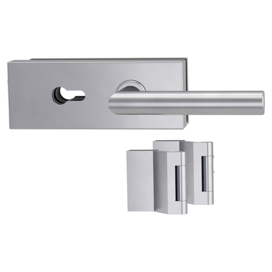 glass door lock set PURISTO S euro profile silent 3-part hinges LUCIA PROF brushed steel