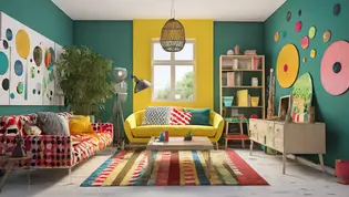 Wohnzimmer Memphis Style Das Bild zeigt ein Wohnzimmer im Memphis Style.