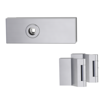 Silhouette product image in perfect product view shows the GRIFFWERK glass door lock set PURISTO S in the version unlockable, brushed steel, 3-part hinge set