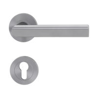 Isolated product image in perfect product view shows the GRIFFWERK rose set TRI 134 in the version euro profile - brushed steel - screw on technique