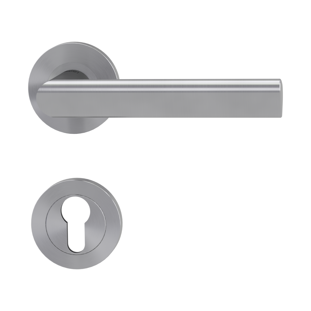 TRI 134 door handle set Screw-on system GK3 round escutcheons Satin stainless steel profile cylinder