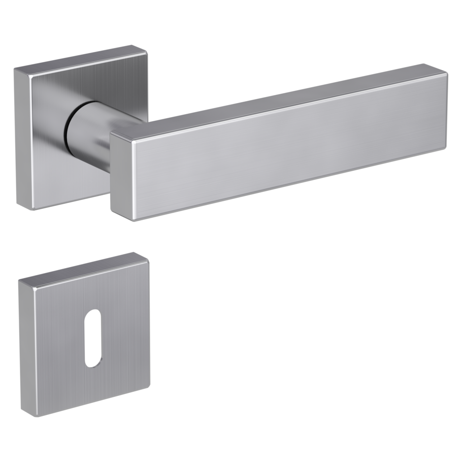 Isolated product image in the right-turned angle shows the GRIFFWERK rose set square CARLA SQUARE in the version mortice lock - brushed steel - clip on technique