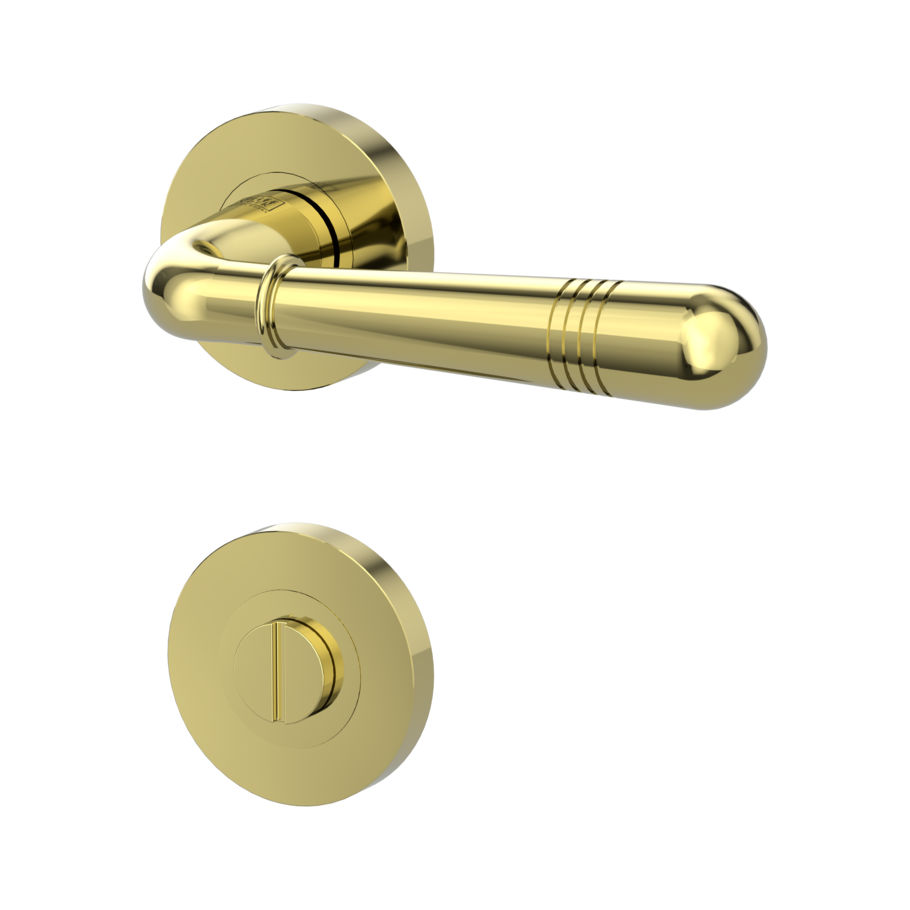 Isolated product image in the left-turned angle shows the GRIFFWERK rose set FABIA in the version turn and release - brass look - screw on technique outside view