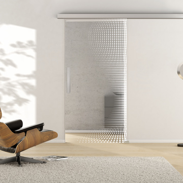 Ambient image in living situation illustrates the Griffwerk sliding glass door DOTS 661 in the version TSG PURE WHITE clear