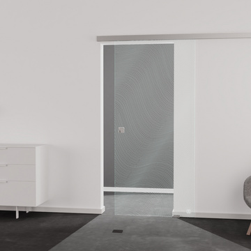Living situation which shows the glass door with tempered safety glass (ESG) laserdecor JETTE WAVE 563 in the vision clear BASIC GREEN drilling Studio/Office sliding door