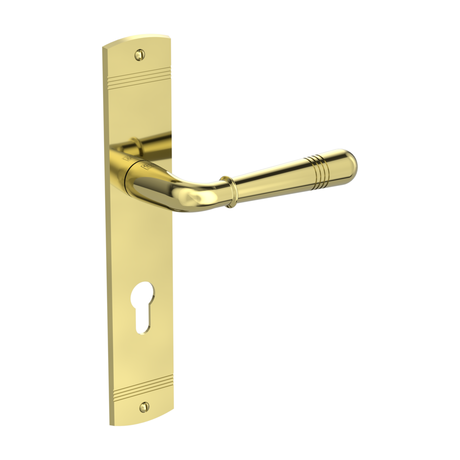 Isolated product image in the right-turned angle shows the GRIFFWERK long plate set FABIO in the version euro profile - brass look - deco screw