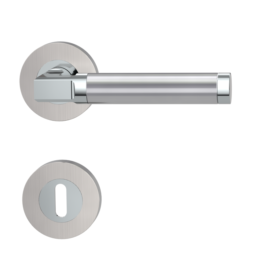Freigestelltes Produktbild im idealen Blickwinkel fotografiert zeigt die GRIFFWERK Rosettengarnitur LARONDA in der Ausführung Buntbart - Chrom-Nickel-Edelstahl - Schraubtechnik