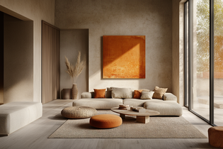 Salón beige con naranja La imagen muestra un salón beige con detalles naranjas