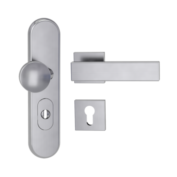 Silhouette product image in perfect product view shows the Griffwerk security combi set TITANO_882 in the version cylinder cover, square, brushed steel, clip on with the door handle SQUARE