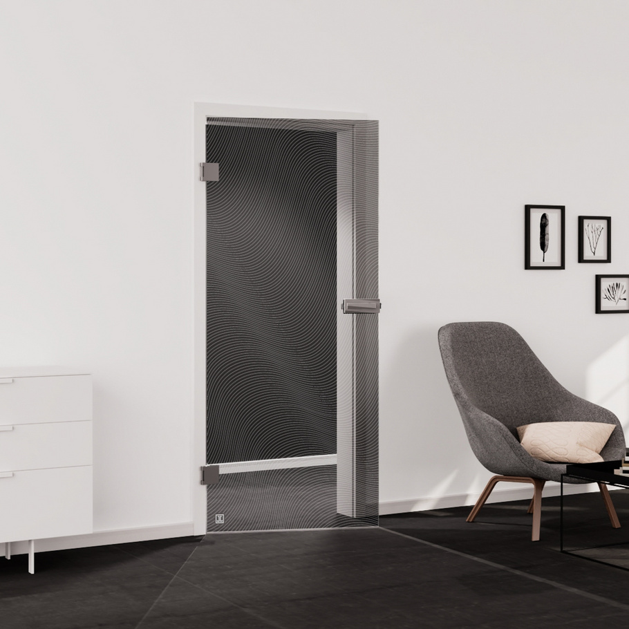 Living situation which shows the glass door with tempered safety glass (ESG) laserdecor JETTE WAVE 563 in the vision clear MOON GREY drilling Studio/Office revolving door DIN L