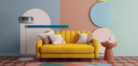 The picture shows a colorful living room with many different colors