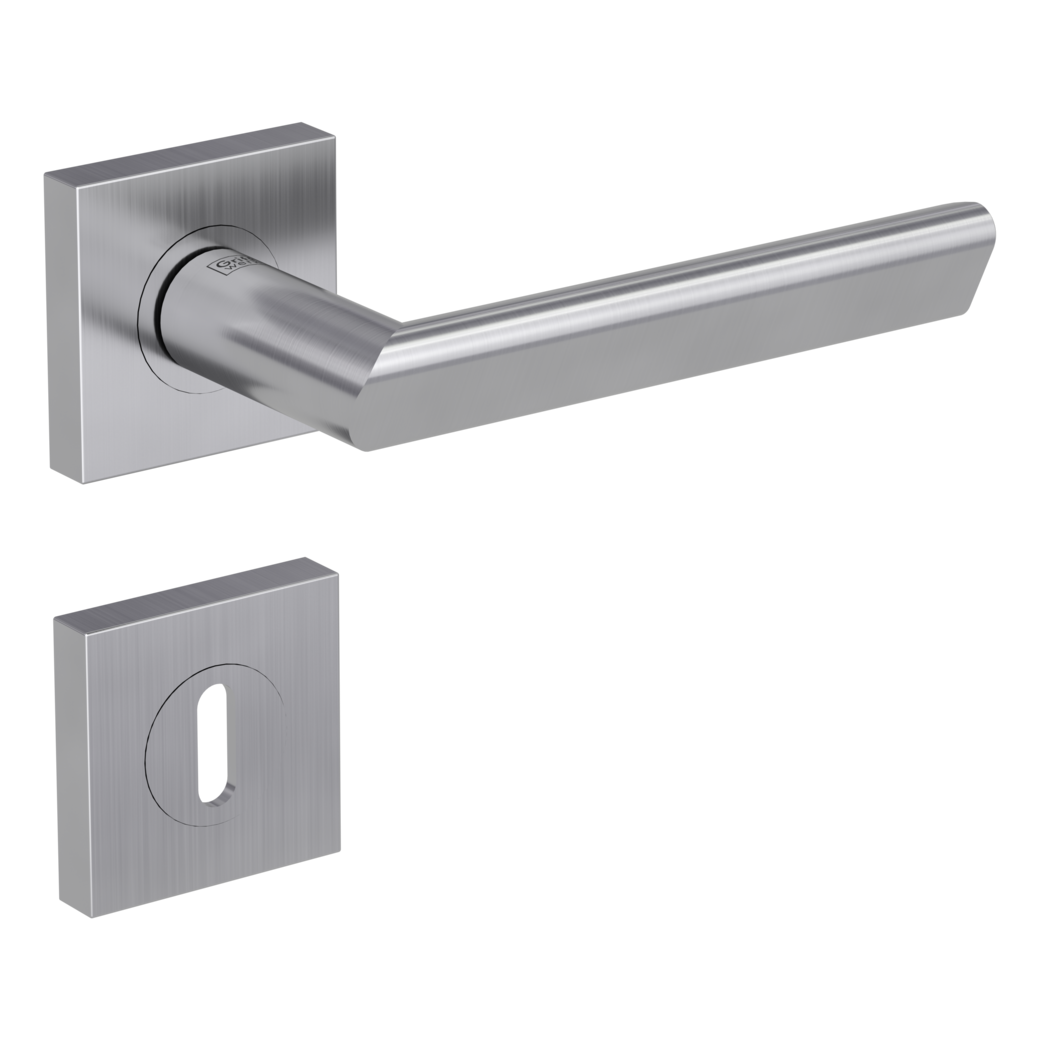 TRI 134 door handle set Screw-on sys.GK3 straight-edged escut. Satin stainless steel cipher bit