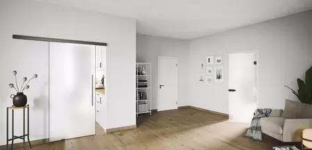 Die Abbildung zeigt einen Wohnraum mit zwei matten Glastüren FROSTED von Griffwerk. Die Beschläge sind Kaschmirgrau.