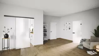 Die Abbildung zeigt einen Wohnraum mit zwei matten Glastüren FROSTED von Griffwerk. Die Beschläge sind Kaschmirgrau.