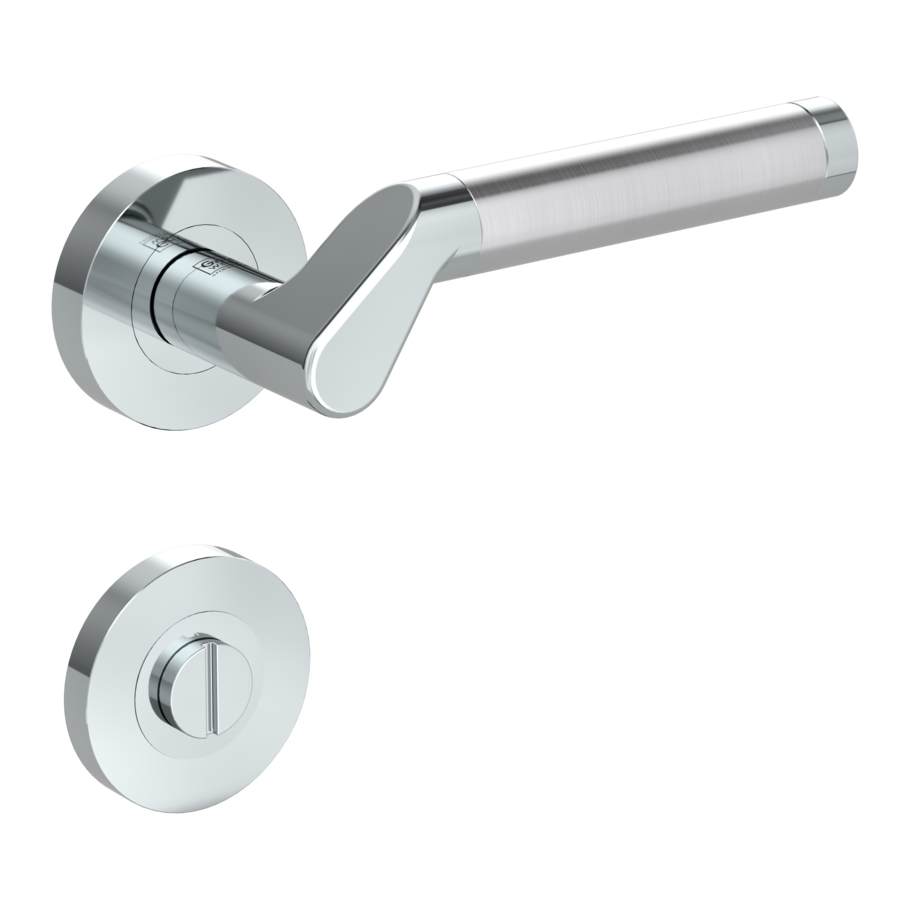 Isolated product image in the right-turned angle shows the GRIFFWERK rose set CORINNA in the version turn and release - chrome/brushed steel - screw on technique outside view